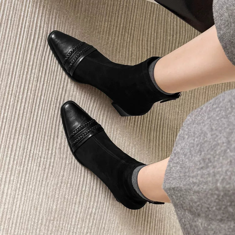 Women's Frosted Winter Brown Leather Suede Square Toe Block Heel Slim-Fit Korean-Style Slim Ankle Boots Fall for Office and Weekend Streetwear Everyday Wear