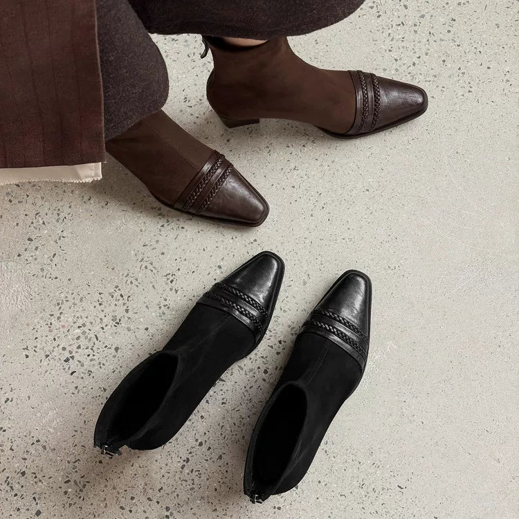 Women's Frosted Winter Brown Leather Suede Square Toe Block Heel Slim-Fit Korean-Style Slim Ankle Boots Fall for Office and Weekend Streetwear Everyday Wear