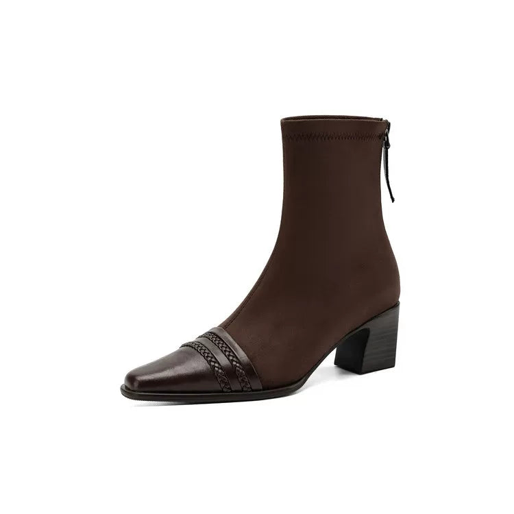 Women's Frosted Winter Brown Leather Suede Square Toe Block Heel Slim-Fit Korean-Style Slim Ankle Boots Fall for Office and Weekend Streetwear Everyday Wear