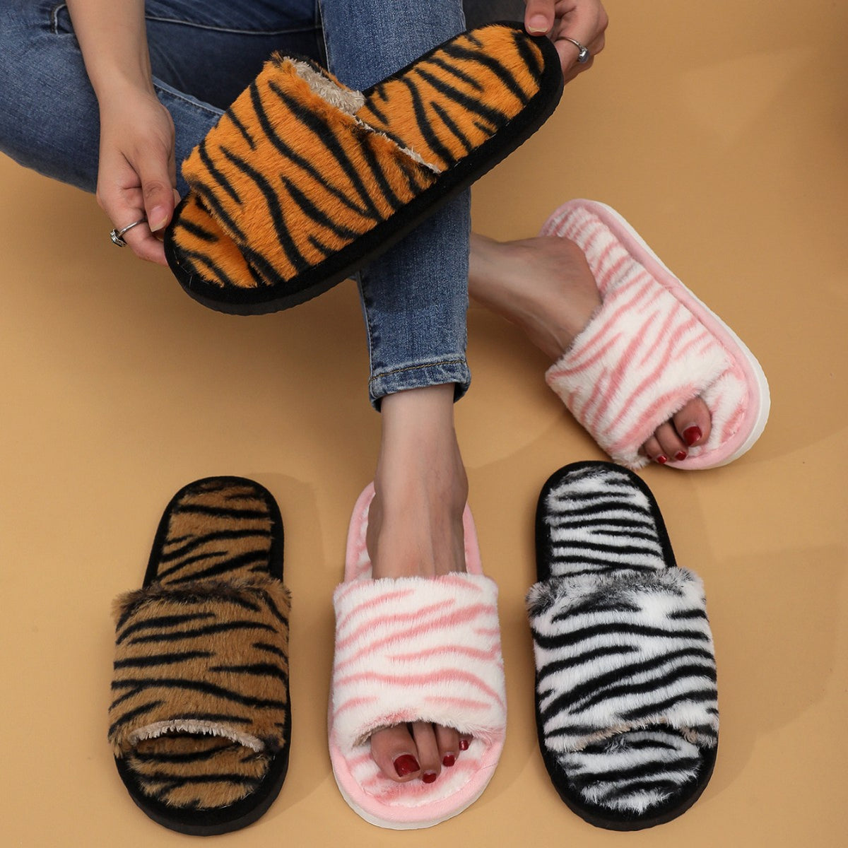 Women's Open Toe Fleece-lined Slippers Outdoor Mules Casual Everyday Wear Womenswear