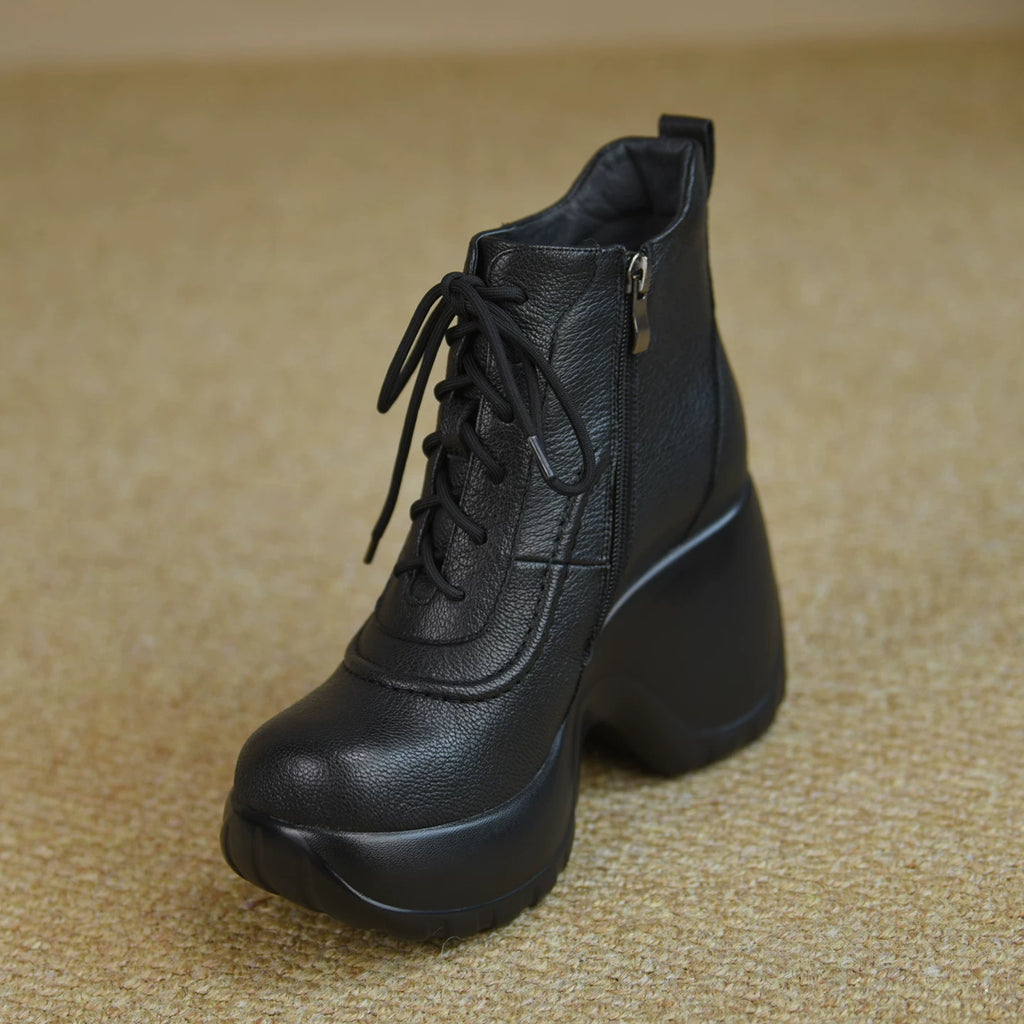 Women's Fall Winter Chunky Sole Platform Wedge High Heel Lace-Up Ankle Boots Combat for Office and Weekend Streetwear Everyday Wear