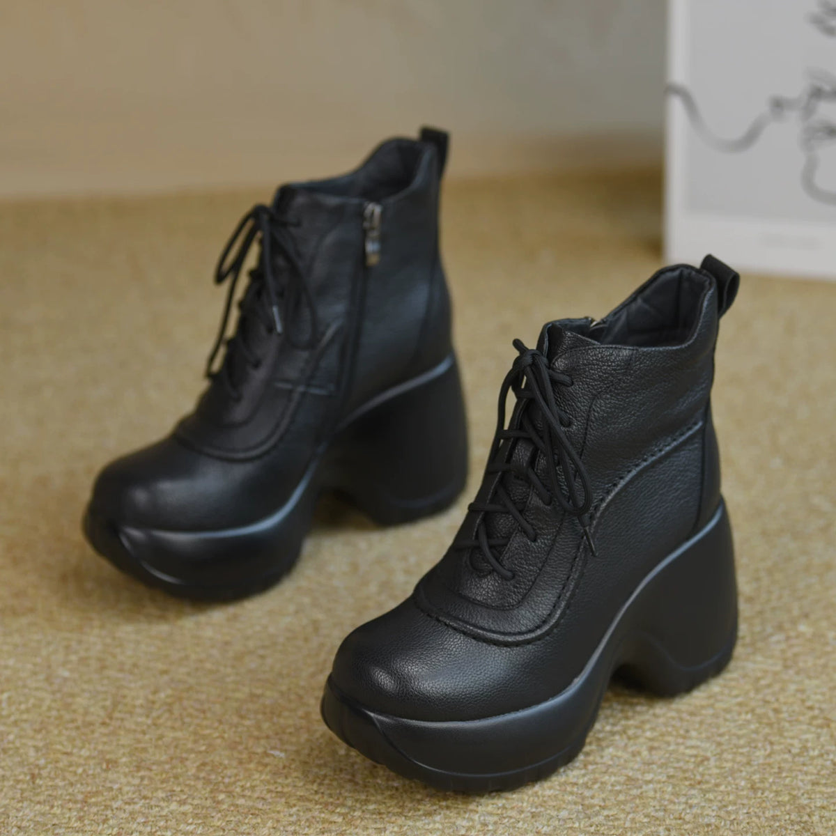 Women's Fall Winter Chunky Sole Platform Wedge High Heel Lace-Up Ankle Boots Combat for Office and Weekend Streetwear Everyday Wear