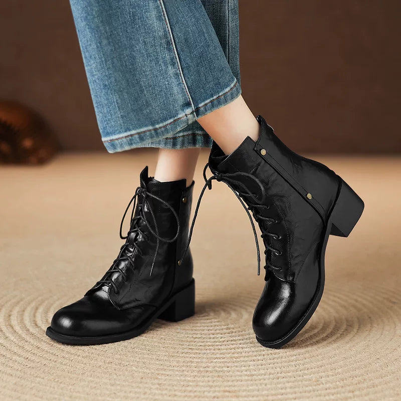 Women's Black Square Toe Block Heel Plus Size Slim-fit Lace-up British-style Retro Martin Combat Boots Ankle for Fall Outfits Streetwear Winter Slimming