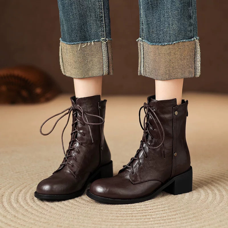 Women's Black Square Toe Block Heel Plus Size Slim-fit Lace-up British-style Retro Martin Combat Boots Ankle for Fall Outfits Streetwear Winter Slimming