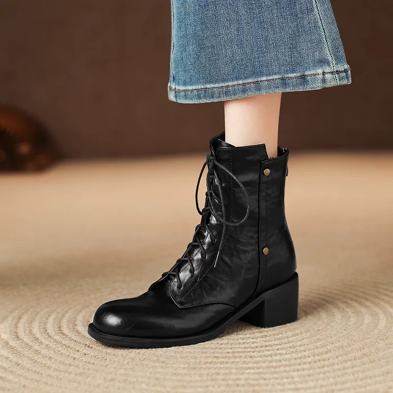 Women's Black Square Toe Block Heel Plus Size Slim-fit Lace-up British-style Retro Martin Combat Boots Ankle for Fall Outfits Streetwear Winter Slimming