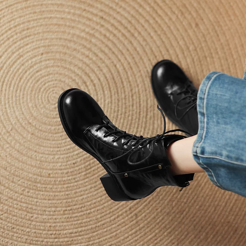 Women's Black Square Toe Block Heel Plus Size Slim-fit Lace-up British-style Retro Martin Combat Boots Ankle for Fall Outfits Streetwear Winter Slimming