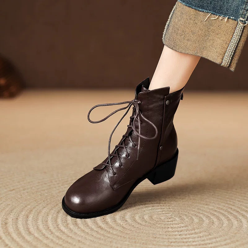 Women's Black Square Toe Block Heel Plus Size Slim-fit Lace-up British-style Retro Martin Combat Boots Ankle for Fall Outfits Streetwear Winter Slimming