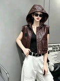Women's Cargo Pocket Fall Winter Vest Leather Hooded Slim-fit Cropped Retro for Date Night Holiday Party Slimming