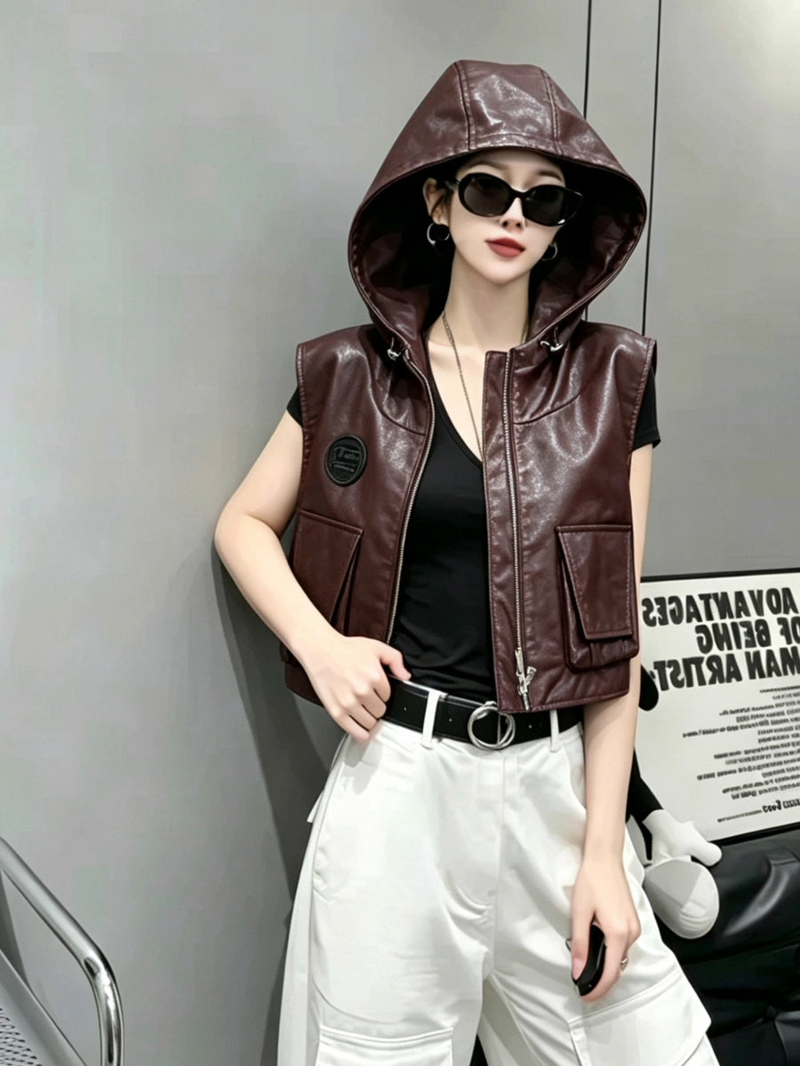 Women's Cargo Pocket Fall Winter Vest Leather Hooded Slim-fit Cropped Retro for Date Night Holiday Party Slimming