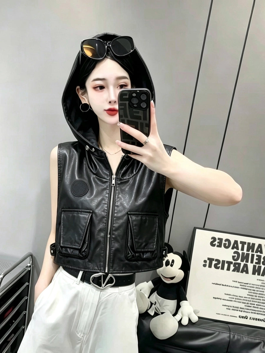 Women's Cargo Pocket Fall Winter Vest Leather Hooded Slim-fit Cropped Retro for Date Night Holiday Party Slimming
