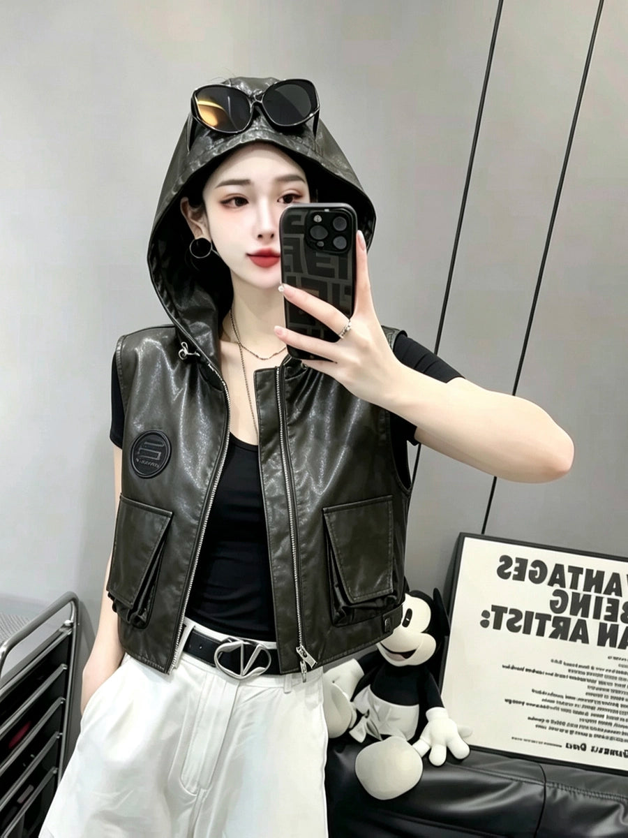 Women's Cargo Pocket Fall Winter Vest Leather Hooded Slim-fit Cropped Retro for Date Night Holiday Party Slimming