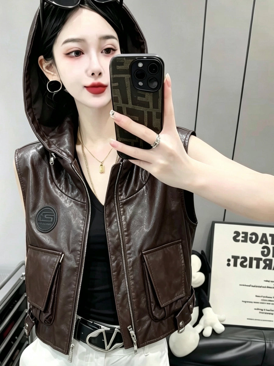 Women's Cargo Pocket Fall Winter Vest Leather Hooded Slim-fit Cropped Retro for Date Night Holiday Party Slimming