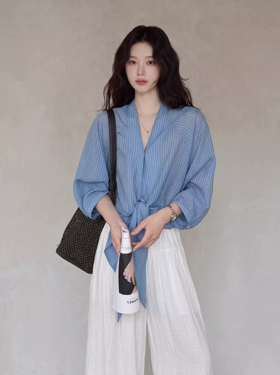 Women's V-neck Slim-waist Striped Office Slim-fit Lace-up Korean-style Workwear Shirt for Casual Streetwear Business Weekend Slimming