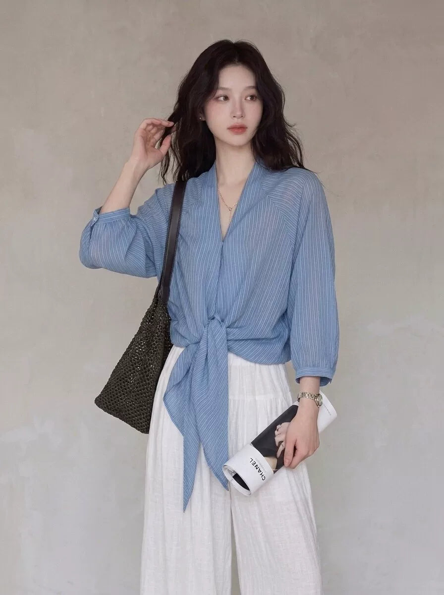 Women's V-neck Slim-waist Striped Office Slim-fit Lace-up Korean-style Workwear Shirt for Casual Streetwear Business Weekend Slimming