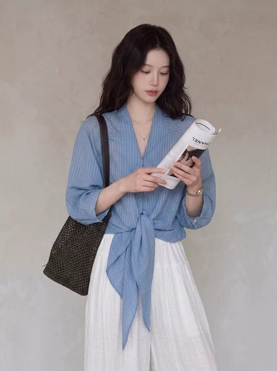 Women's V-neck Slim-waist Striped Office Slim-fit Lace-up Korean-style Workwear Shirt for Casual Streetwear Business Weekend Slimming