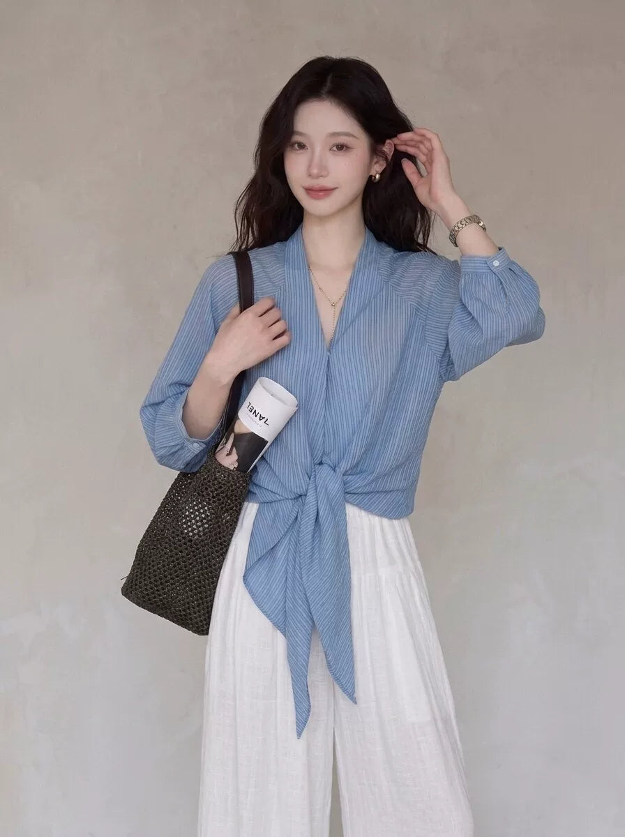 Women's V-neck Slim-waist Striped Office Slim-fit Lace-up Korean-style Workwear Shirt for Casual Streetwear Business Weekend Slimming