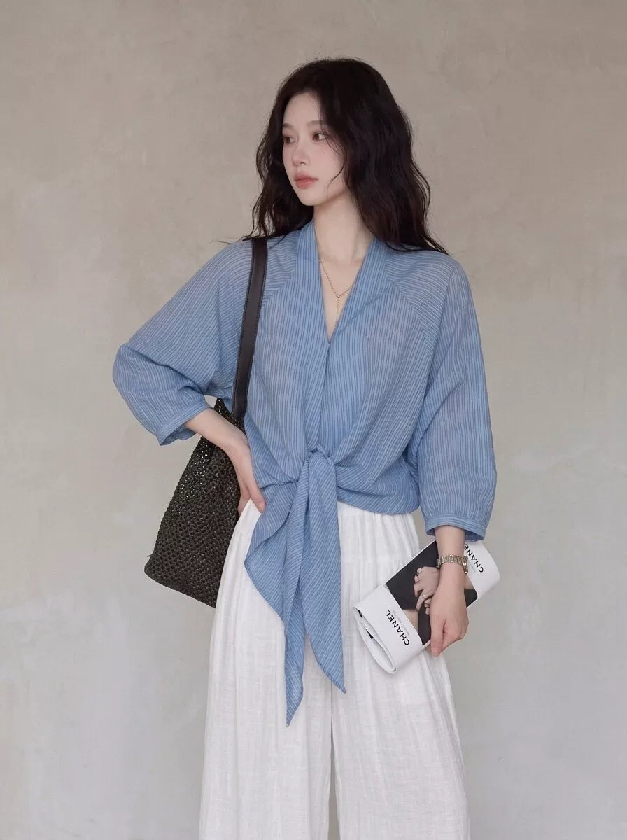 Women's V-neck Slim-waist Striped Office Slim-fit Lace-up Korean-style Workwear Shirt for Casual Streetwear Business Weekend Slimming