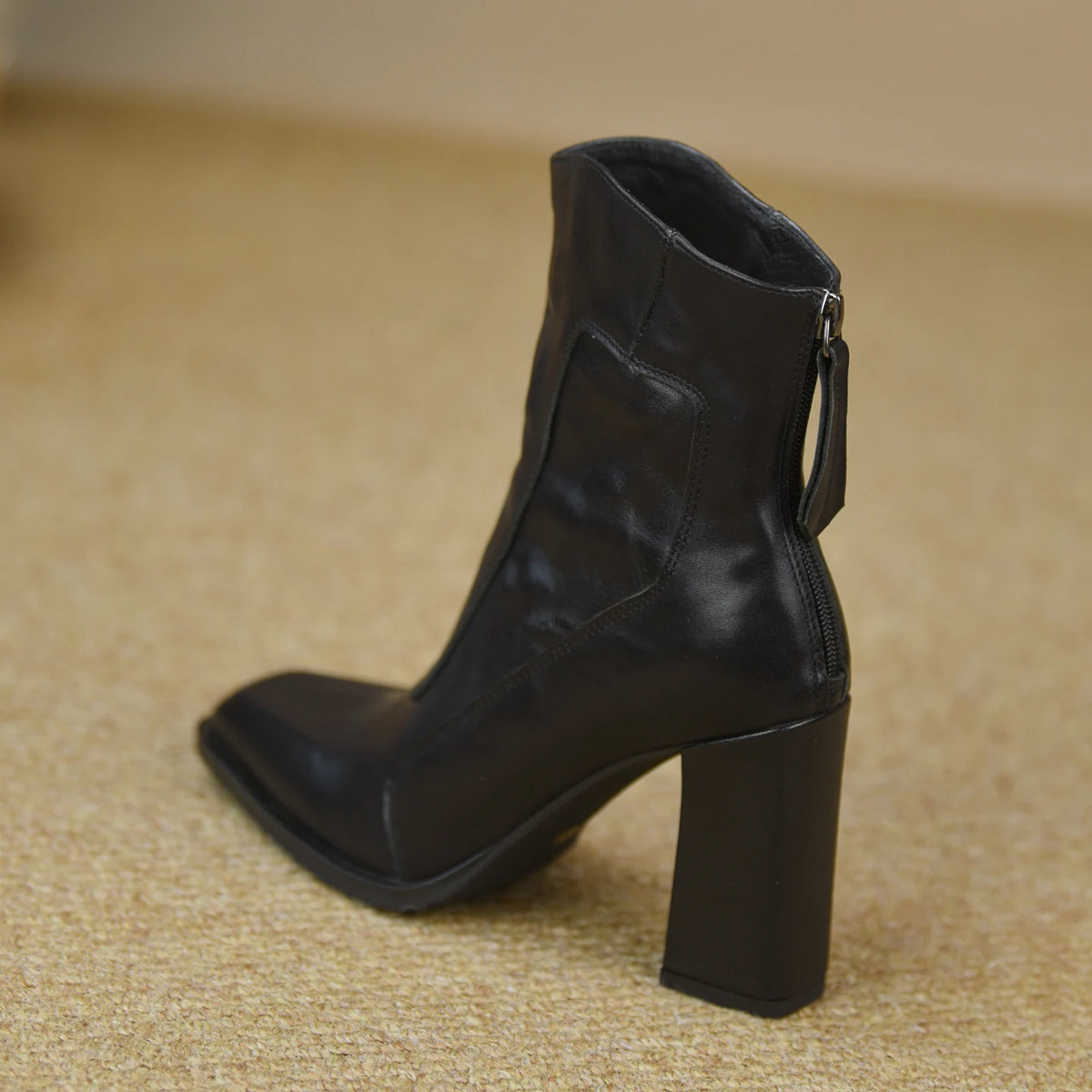 Women's Fall Winter Square Toe Block Heel High Heel Flat Zip Ankle Boots for Office and Weekend Streetwear Everyday Wear Date Night Wedding Guest