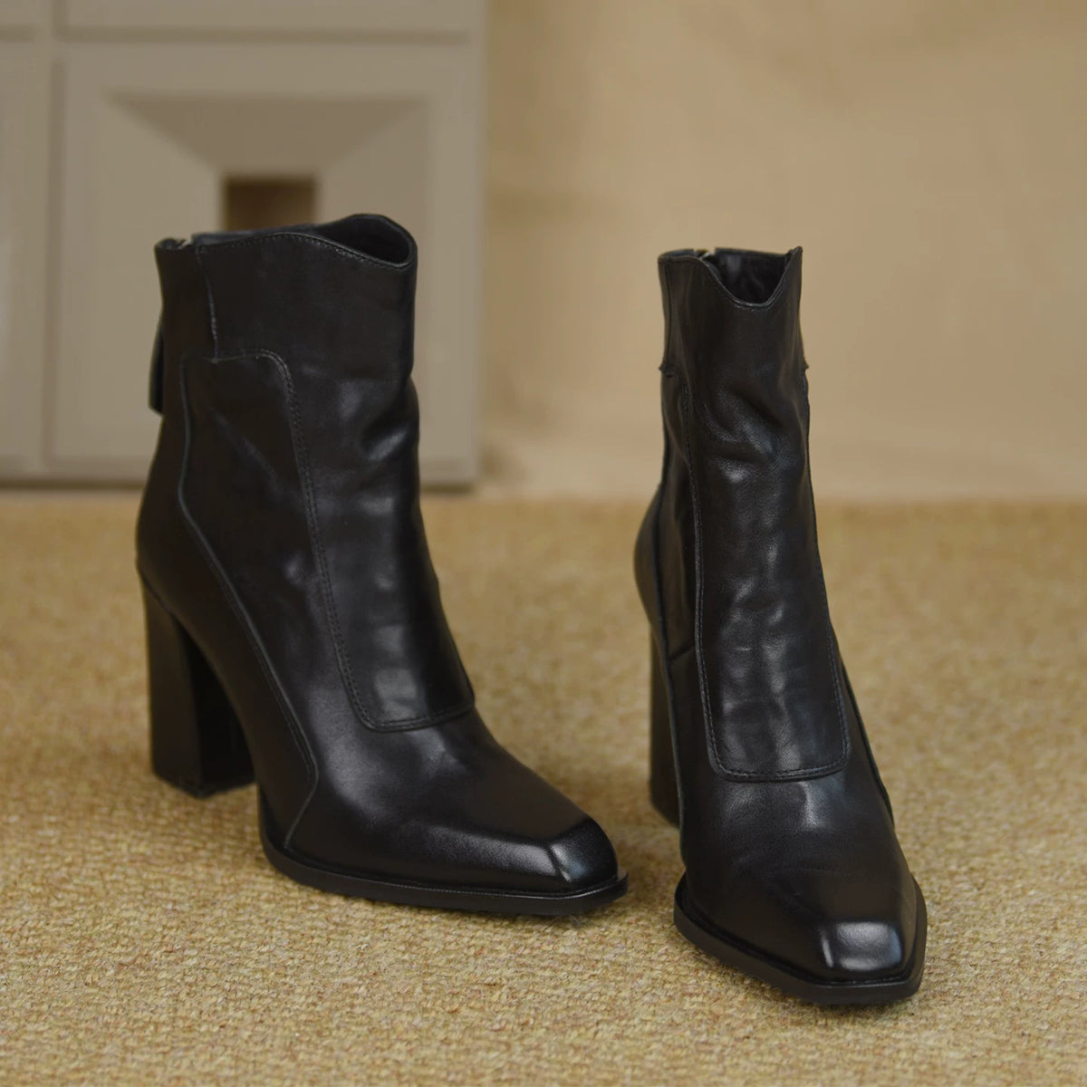 Women's Fall Winter Square Toe Block Heel High Heel Flat Zip Ankle Boots for Office and Weekend Streetwear Everyday Wear Date Night Wedding Guest