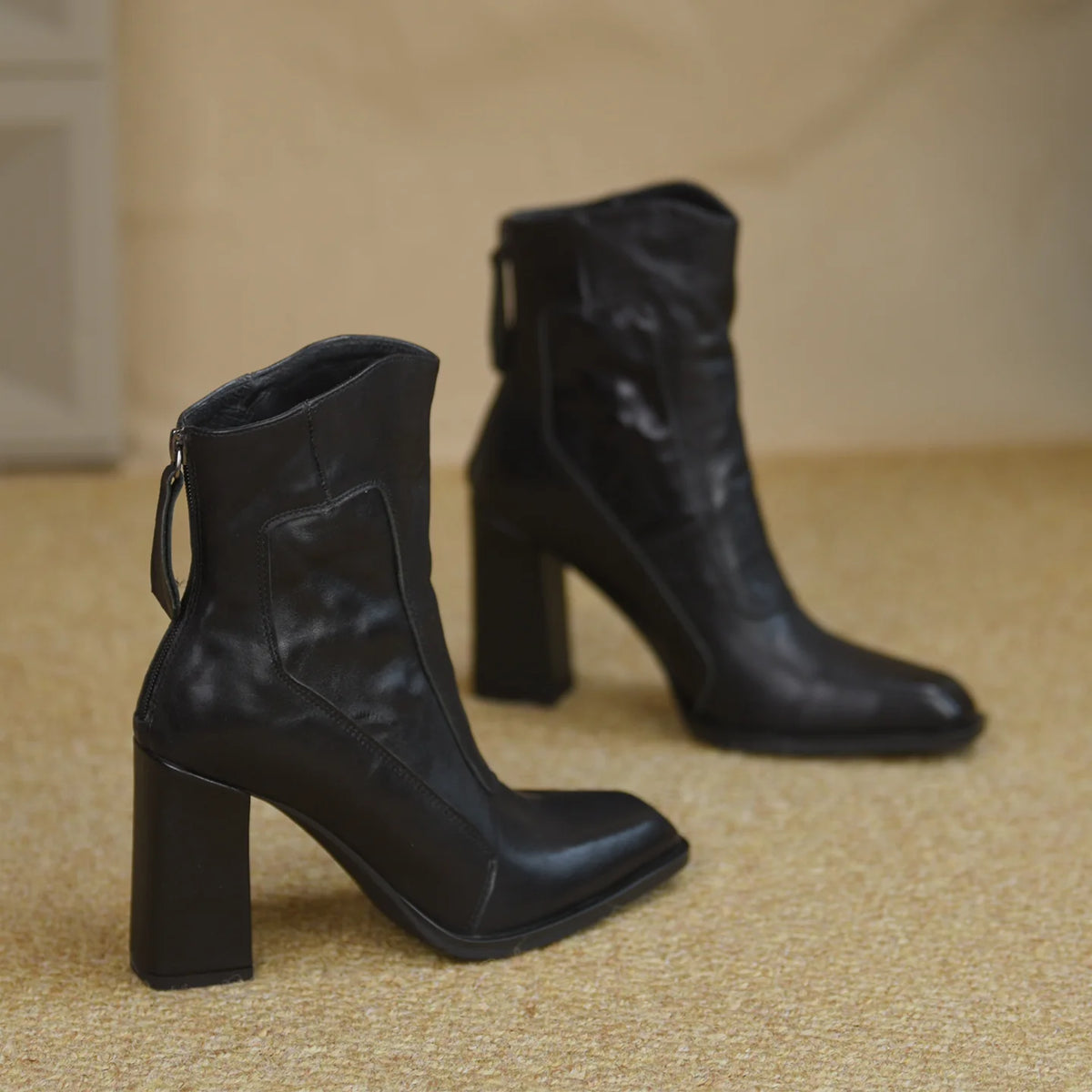 Women's Fall Winter Square Toe Block Heel High Heel Flat Zip Ankle Boots for Office and Weekend Streetwear Everyday Wear Date Night Wedding Guest