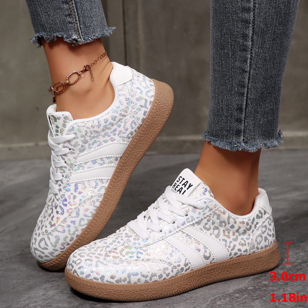 Women's Leopard Flat Plus Size Casual White Sneakers Platform Fashion Sneakers Walking