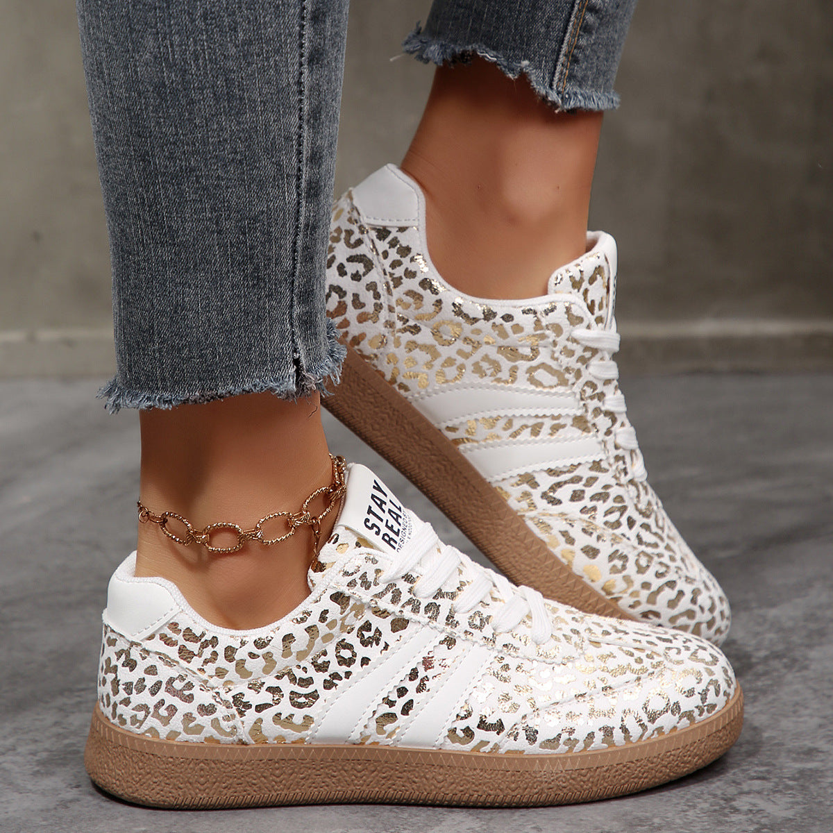 Women's Leopard Flat Plus Size Casual White Sneakers Platform Fashion Sneakers Walking