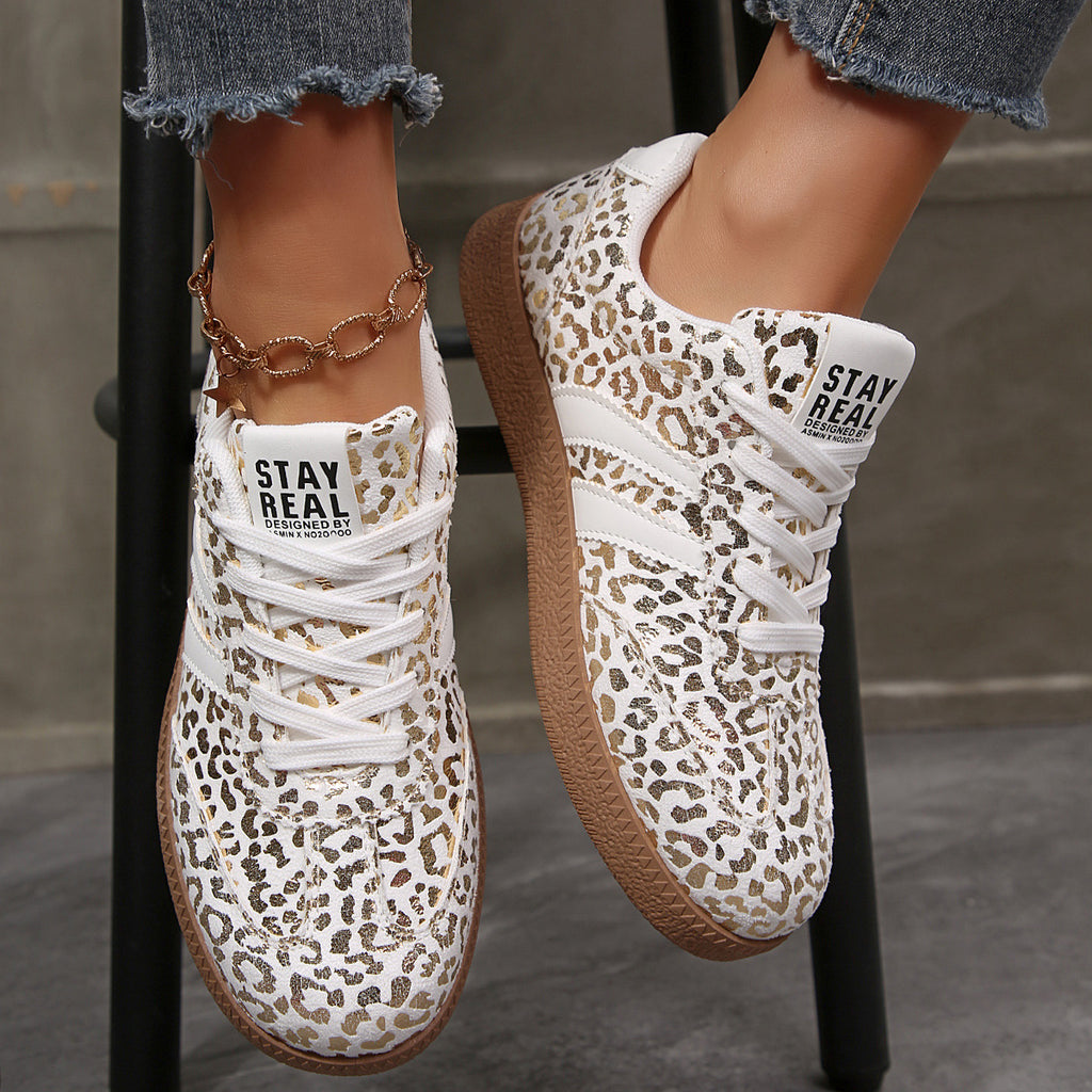 Women's Leopard Flat Plus Size Casual White Sneakers Platform Fashion Sneakers Walking