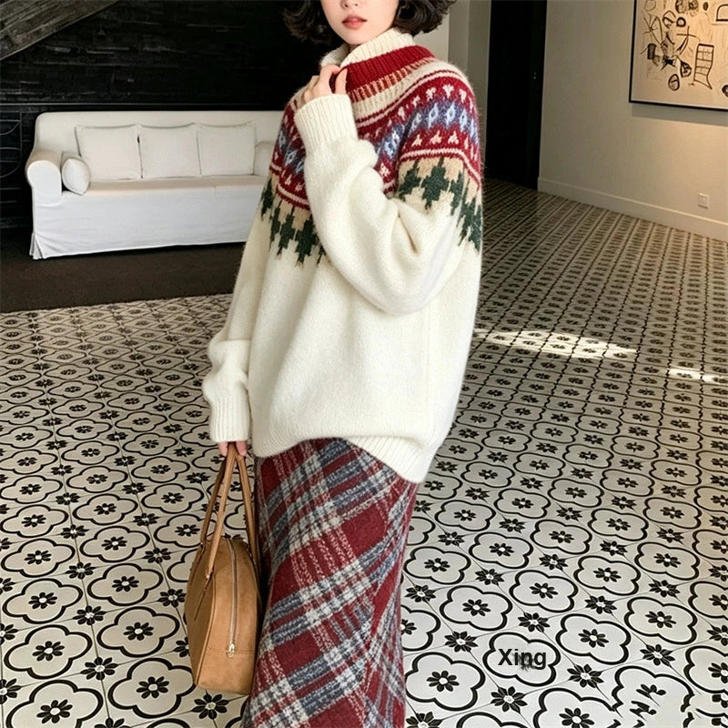 Vintage Fair Isle Christmas Knit Sweater, Warm Long Sleeve Holiday Pullover for Women Winter Wear