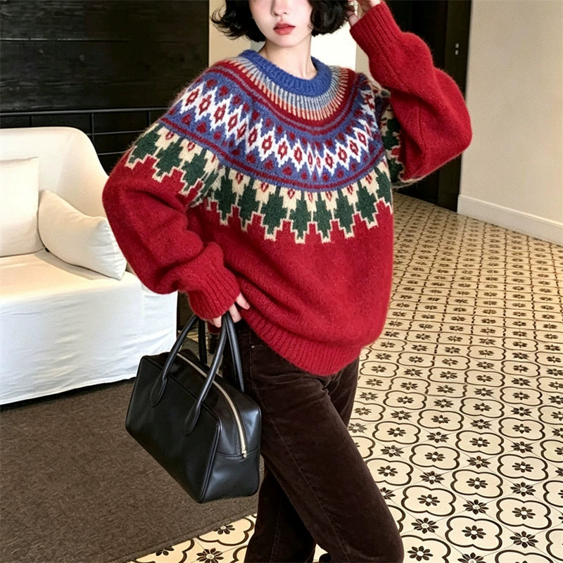 Vintage Fair Isle Christmas Knit Sweater, Warm Long Sleeve Holiday Pullover for Women Winter Wear