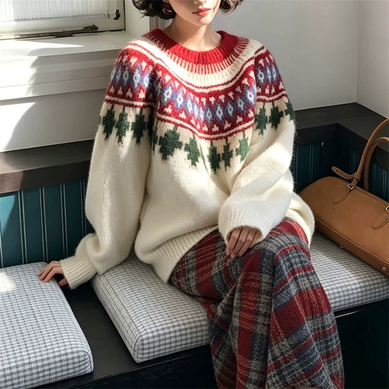 Vintage Fair Isle Christmas Knit Sweater, Warm Long Sleeve Holiday Pullover for Women Winter Wear