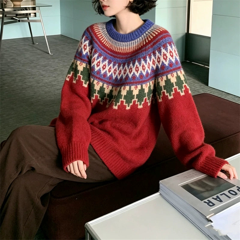 Vintage Fair Isle Christmas Knit Sweater, Warm Long Sleeve Holiday Pullover for Women Winter Wear