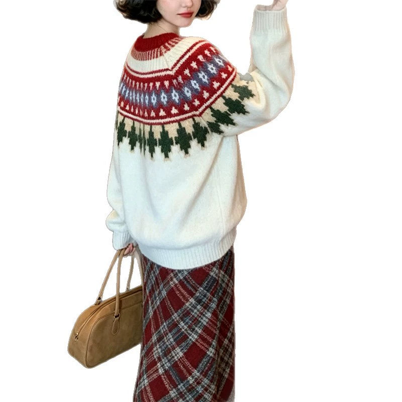 Vintage Fair Isle Christmas Knit Sweater, Warm Long Sleeve Holiday Pullover for Women Winter Wear