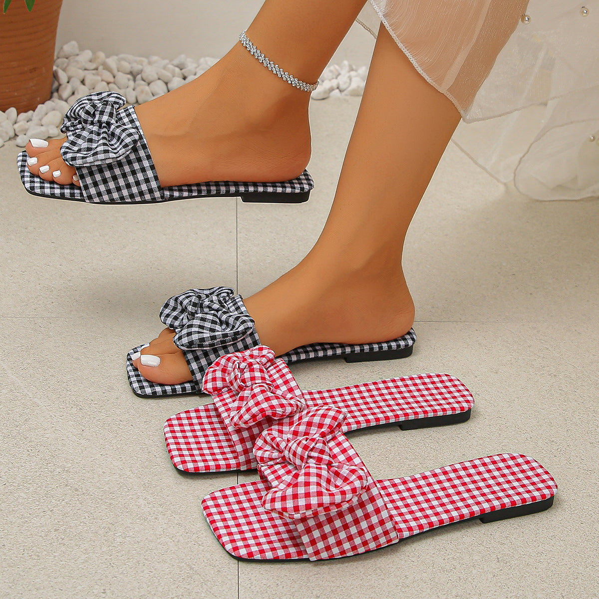 Women's Summer Plaid Square Toe Bow Flat Plus Size Beach Slide Slippers Indoor Outdoor Slides