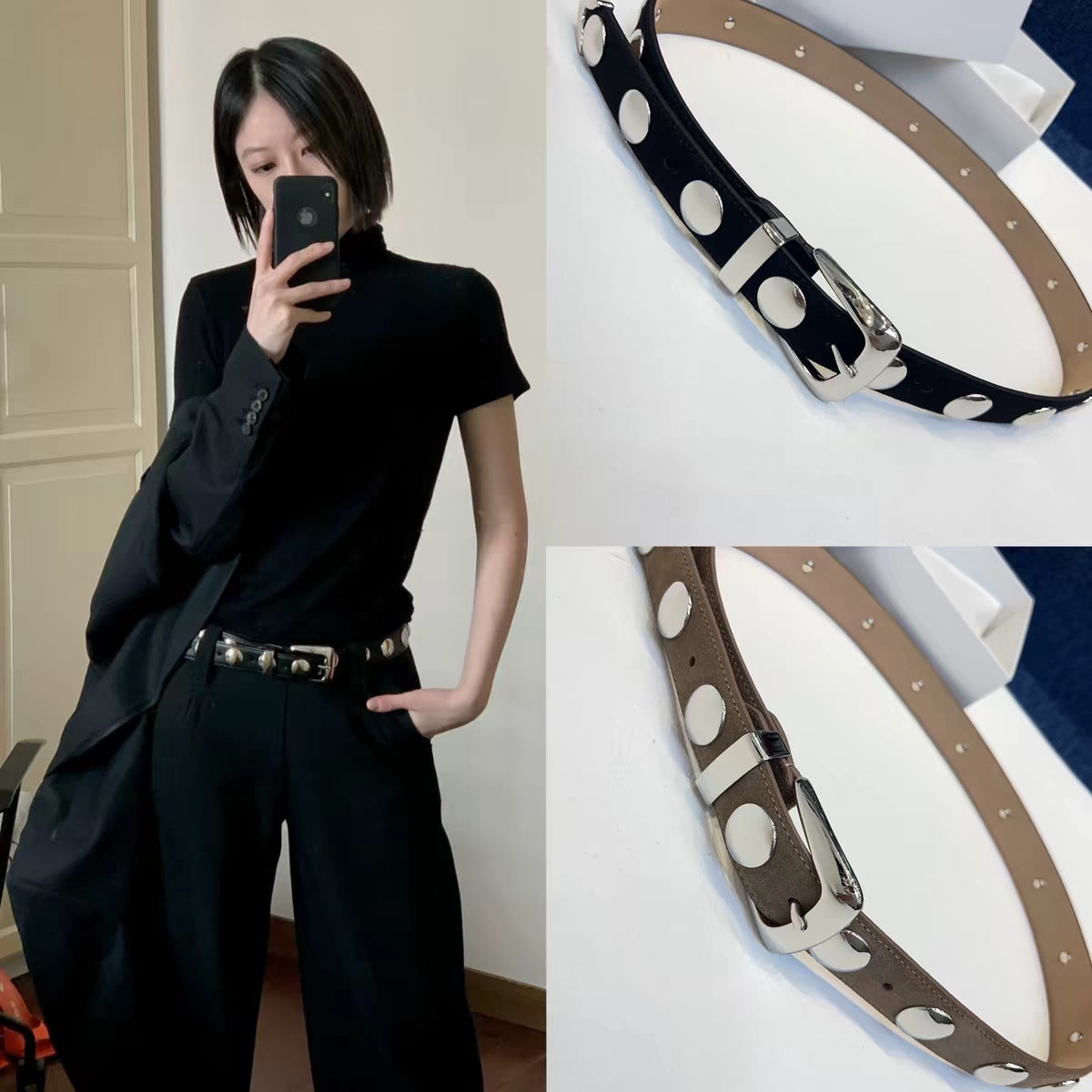 Women's American-style Round Buckle Skinny Studded Retro Waist Belt Versatile Designer