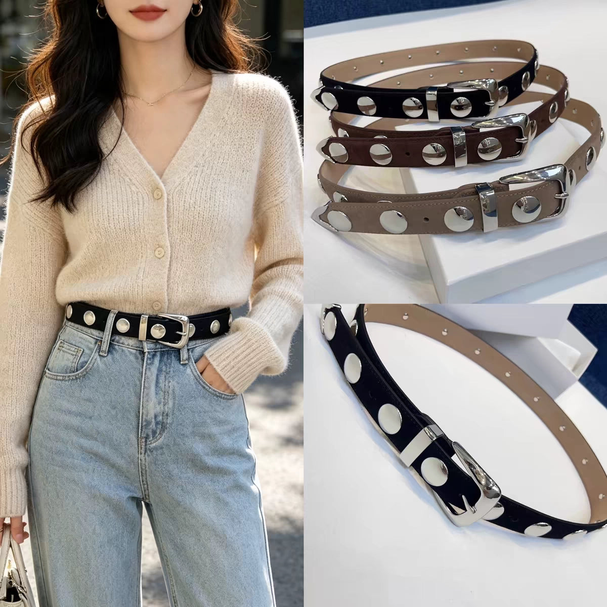 Women's American-style Round Buckle Skinny Studded Retro Waist Belt Versatile Designer