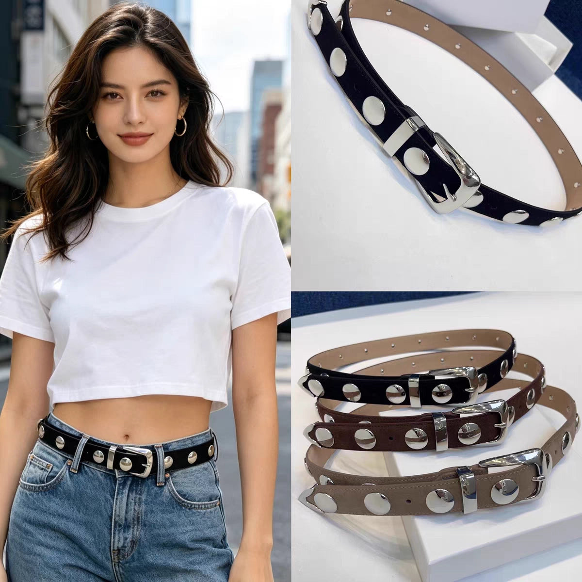 Women's American-style Round Buckle Skinny Studded Retro Waist Belt Versatile Designer