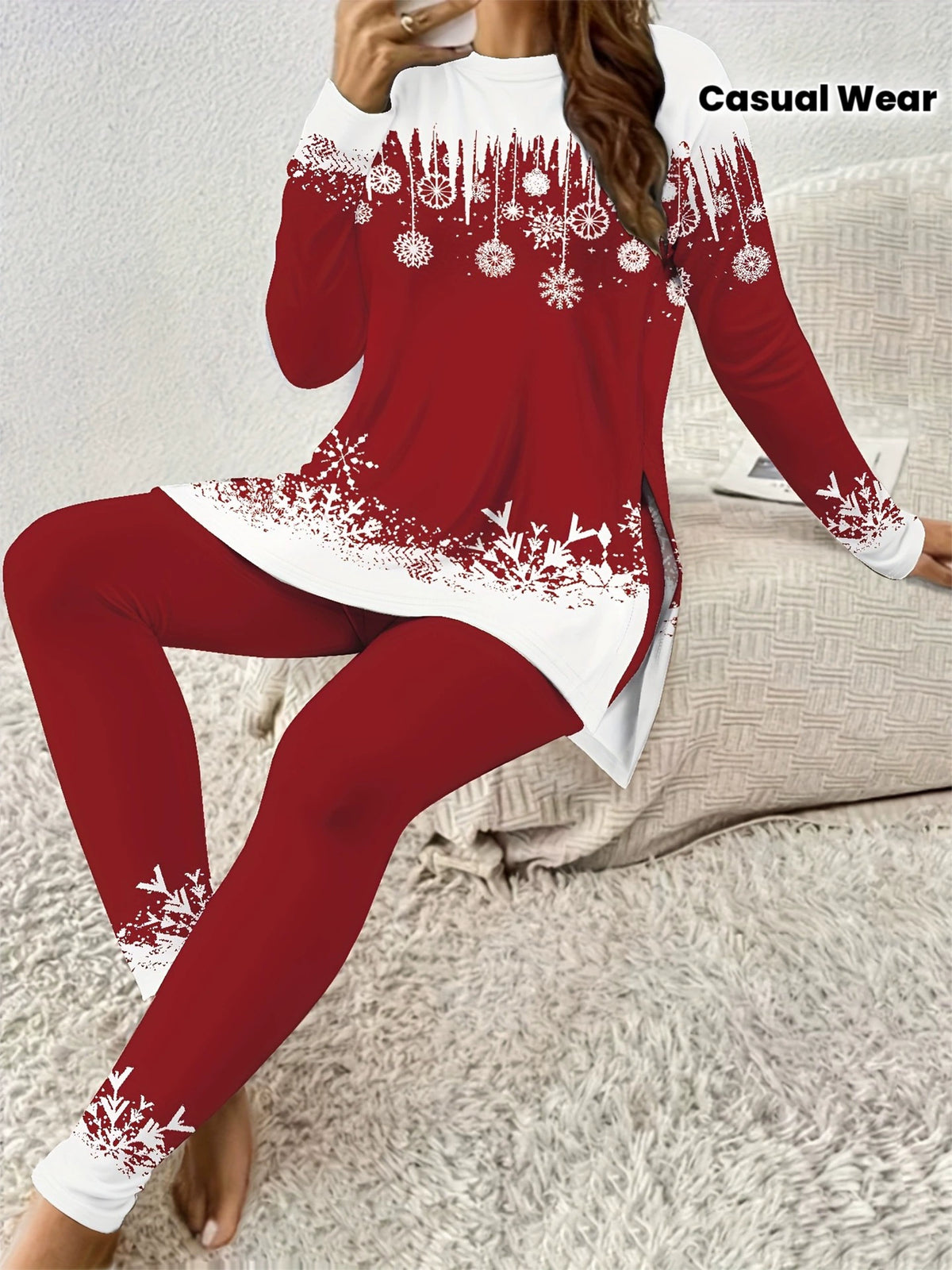Christmas Print Lounge Set for Women, Long Sleeve Top and Pants Holiday Pajama and Wearable Homewear