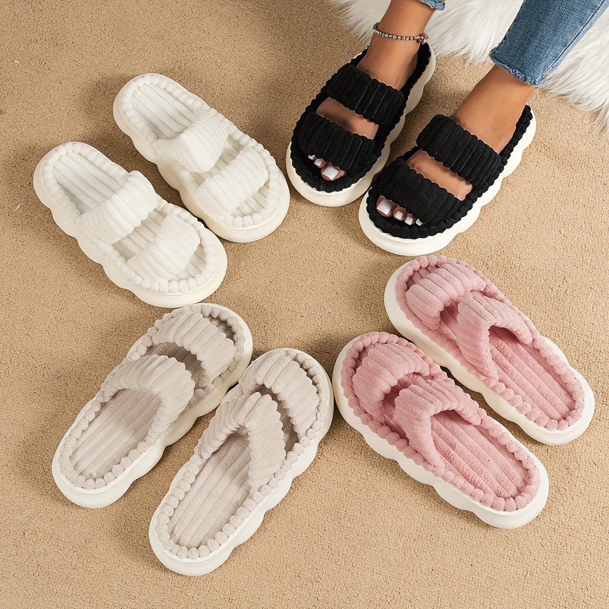 Women's Chunky Sole Fleece-lined Slippers Outdoor Mules Casual Everyday Wear Womenswear