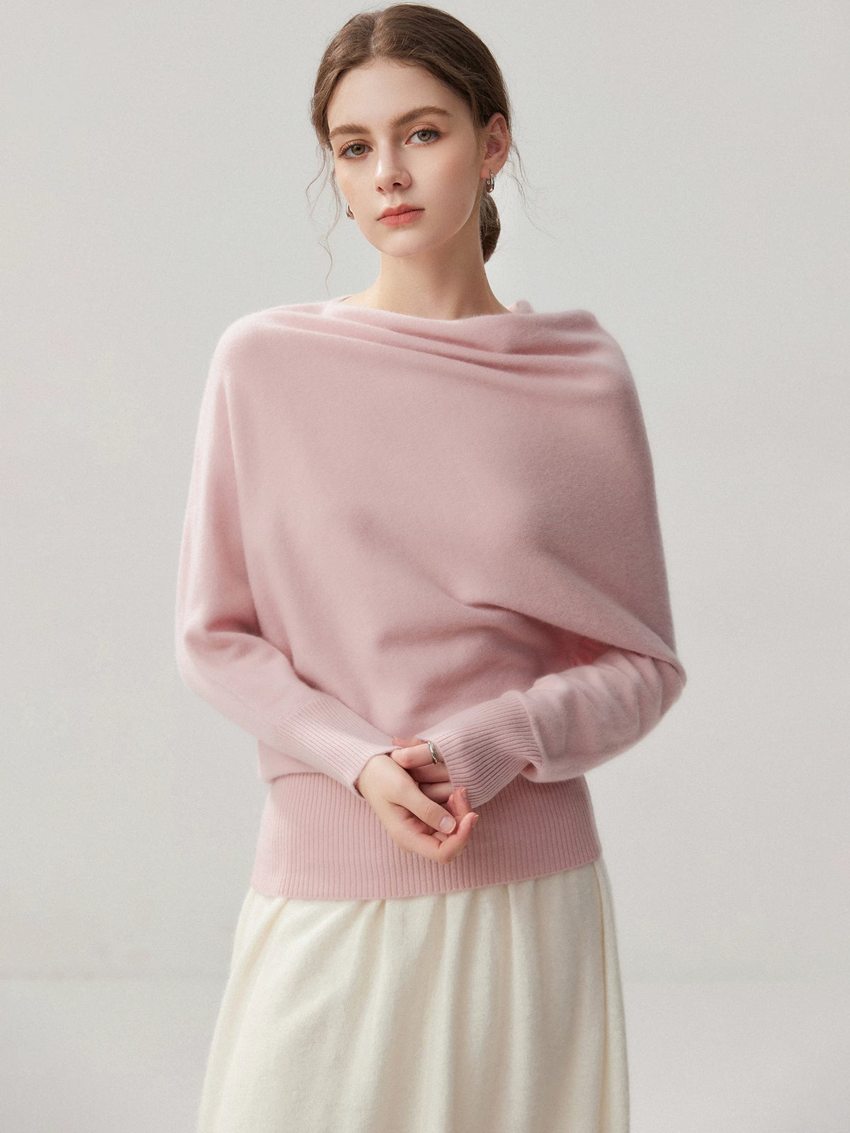 Women's Wool Fall Winter Slim-Waist Pink Open-Back Long Sleeve Asymmetric Cowl-Neck Sweater Knit Pullover Top for Casual Outfits Spring Travel Office Everyday