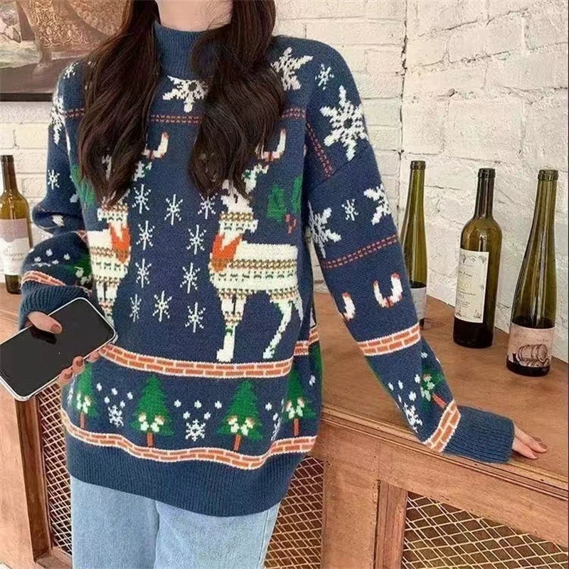 Oversized Round-Neck Christmas Knit Sweater, Thick Long Sleeve Holiday Pullover for Women Winter Parties