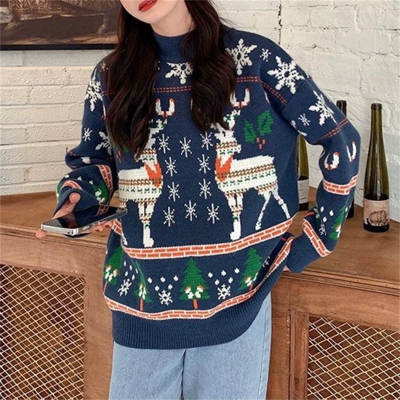 Oversized Round-Neck Christmas Knit Sweater, Thick Long Sleeve Holiday Pullover for Women Winter Parties