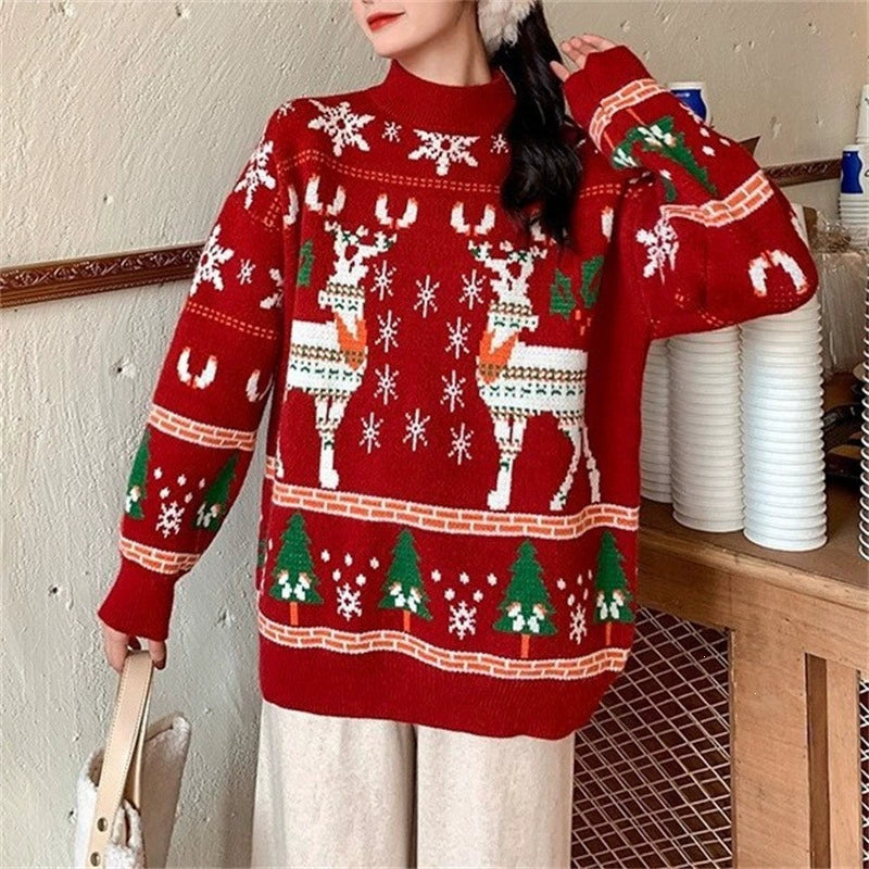 Oversized Round-Neck Christmas Knit Sweater, Thick Long Sleeve Holiday Pullover for Women Winter Parties