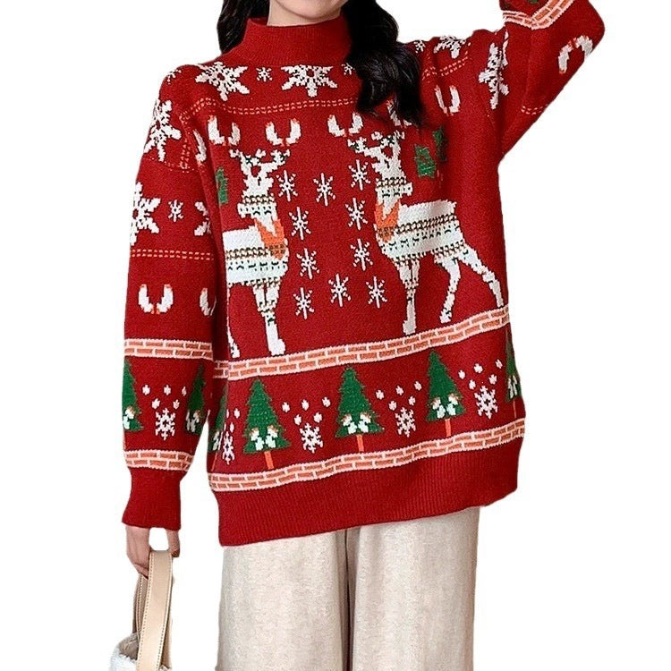 Oversized Round-Neck Christmas Knit Sweater, Thick Long Sleeve Holiday Pullover for Women Winter Parties