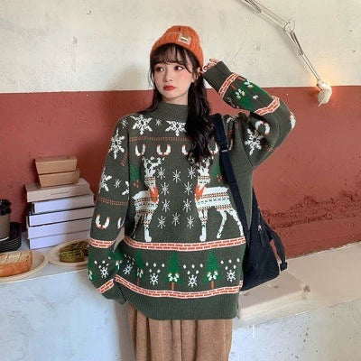 Oversized Round-Neck Christmas Knit Sweater, Thick Long Sleeve Holiday Pullover for Women Winter Parties
