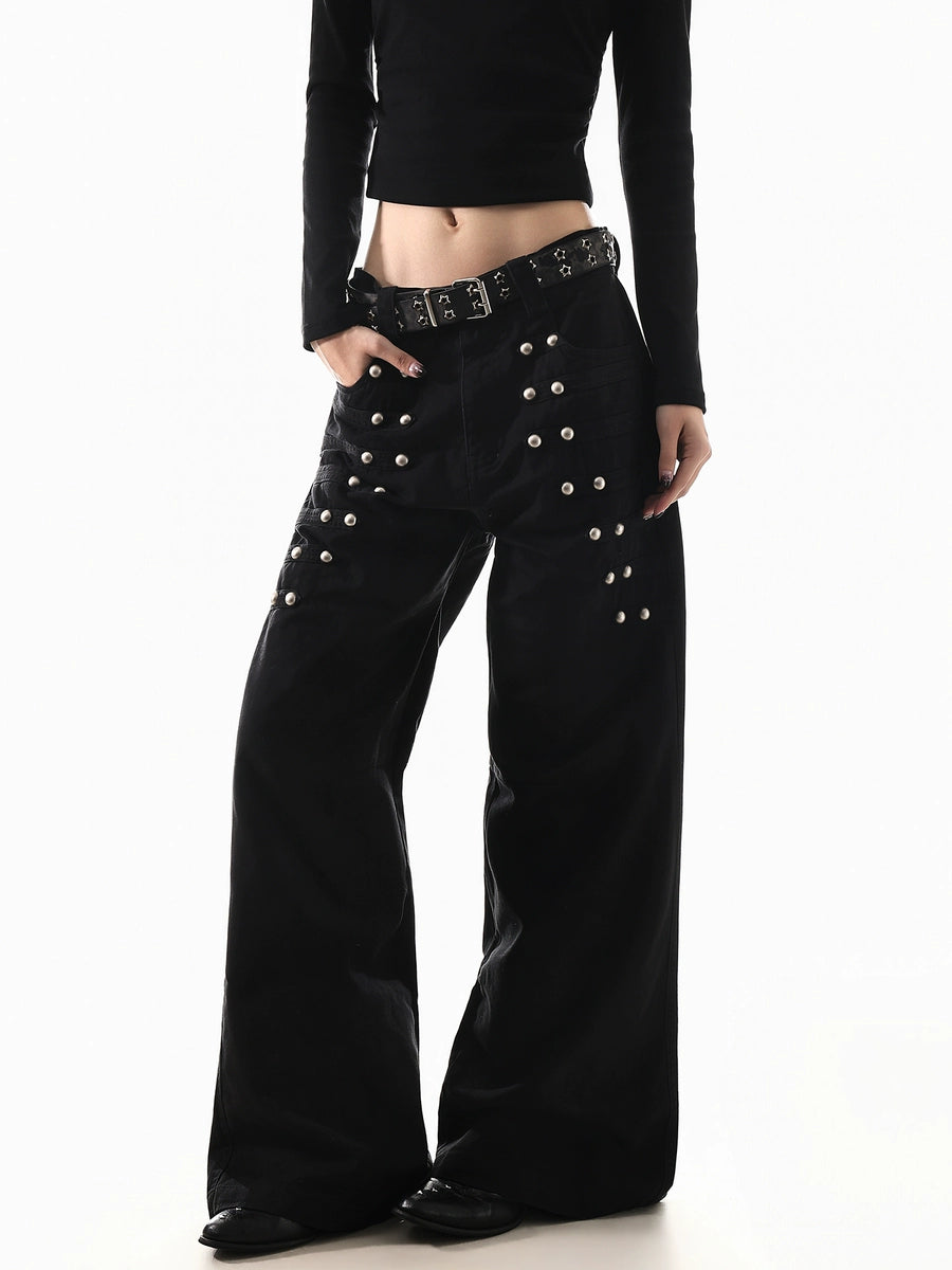 Women's Studded Straight Oversized Retro Wide-Leg Jeans for Casual Outfits Everyday Office Weekend Date Night