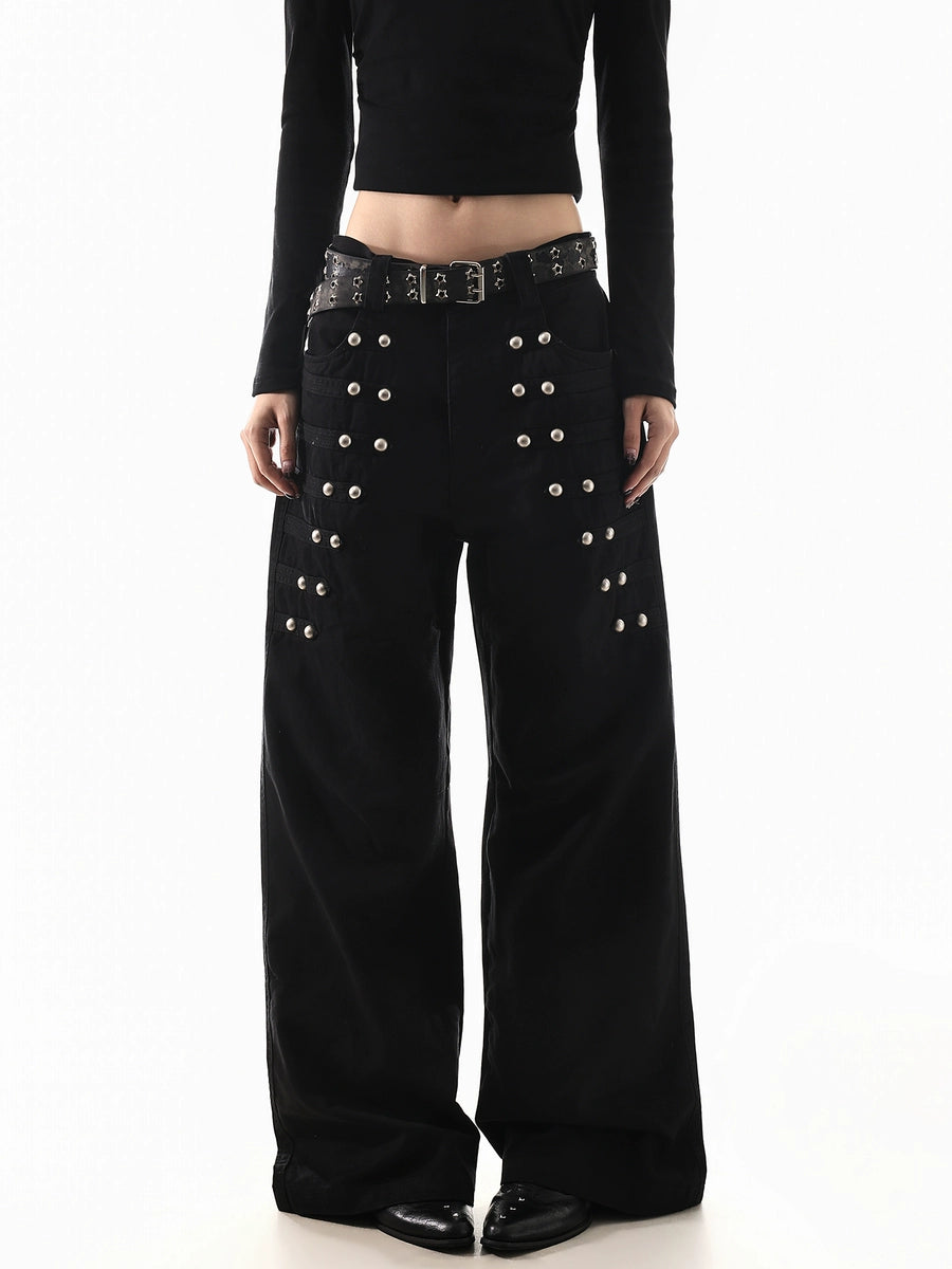 Women's Studded Straight Oversized Retro Wide-Leg Jeans for Casual Outfits Everyday Office Weekend Date Night
