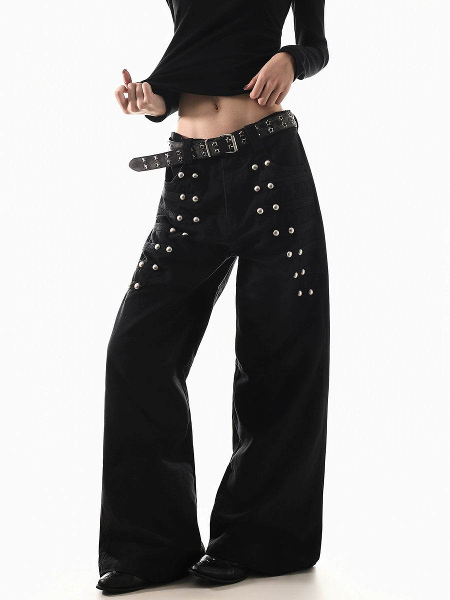 Women's Studded Straight Oversized Retro Wide-Leg Jeans for Casual Outfits Everyday Office Weekend Date Night