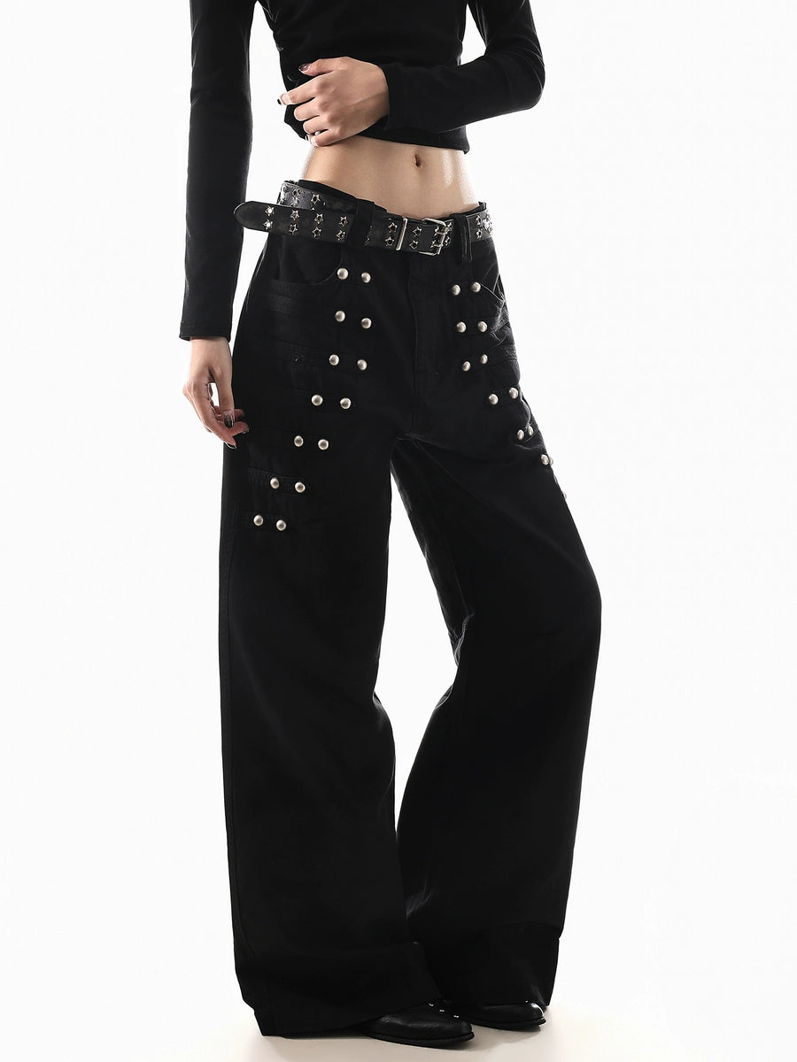 Women's Studded Straight Oversized Retro Wide-Leg Jeans for Casual Outfits Everyday Office Weekend Date Night