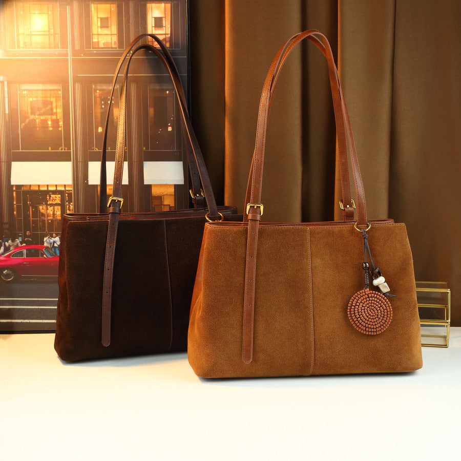 Women's Large-Capacity Commute Frosted Fall Winter Office Leather Suede Brown-Tone Workwear Retro Tote Bag Shoulder Crossbody Purse for Work and Travel