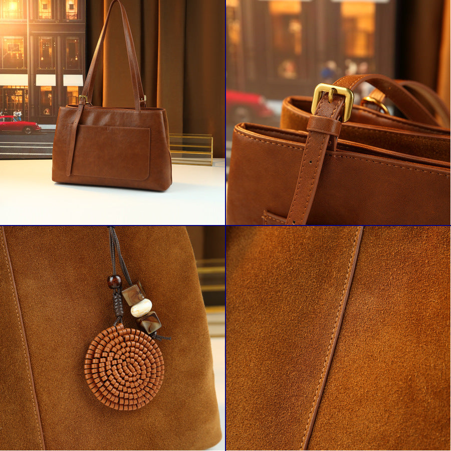 Women's Large-Capacity Commute Frosted Fall Winter Office Leather Suede Brown-Tone Workwear Retro Tote Bag Shoulder Crossbody Purse for Work and Travel